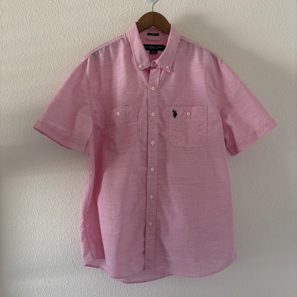 US Polo‎ Assn. Button Down Stretch Short Sleeved Men's Shirt XL Pink Preppy